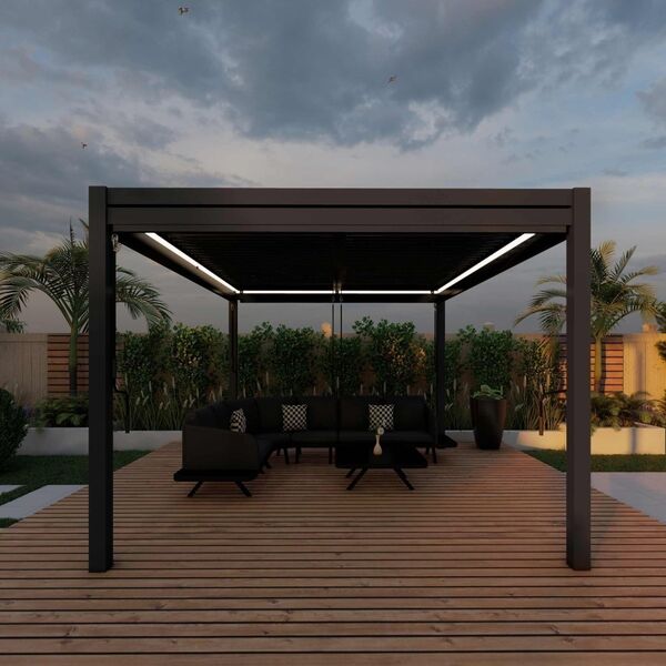 Maze - Como 3m x 3m Aluminium Metal Outdoor Garden Pergola with 4 Drop Sides & LED Lighting - Grey product image