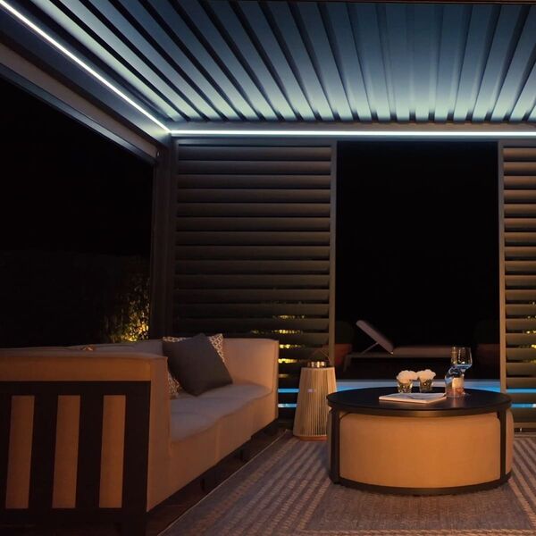Maze - Eden 4m x 4m Aluminium Metal Outdoor Garden Pergola with LED Lights & Motorised Roof plus 3 Drop Sides & 4m Louvre Wall product image