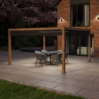 Maze - Como 4m x 4m Aluminium Metal Outdoor Garden Pergola with 4 Grey Drop Sides & Wood Effect Frame product image