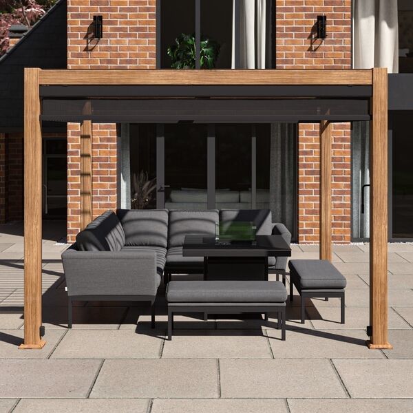 Maze Como - 3m x 3m Aluminium Metal Outdoor Garden Pergola with 4 Grey Drop Sides & Wood Effect Frame product image