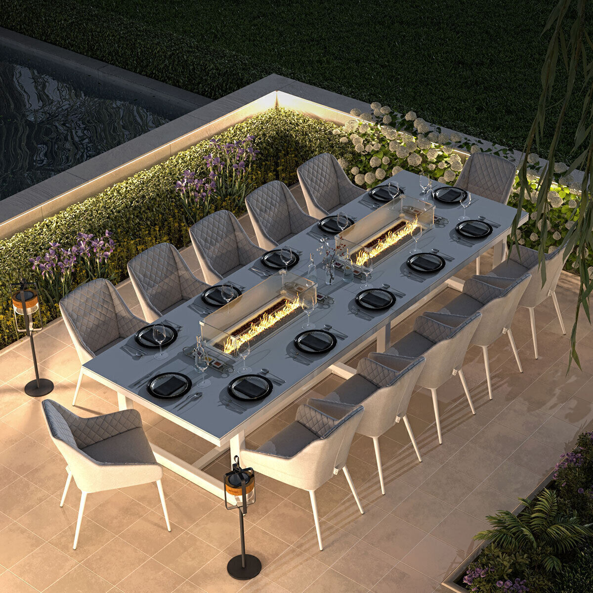 Maze - Outdoor Fabric Zest 12 Seat Rectangular Dining Set with Fire Pit Table - Lead Chine product image