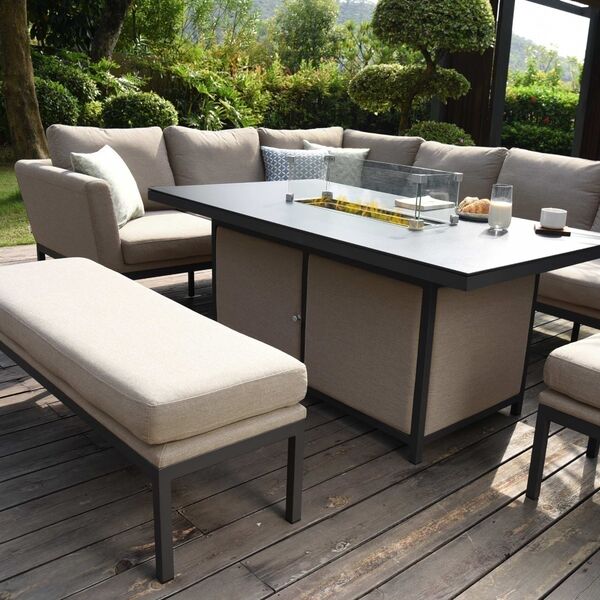Maze - Outdoor Fabric Pulse Rectangular Corner Dining Set with Fire Pit Table - Taupe product image