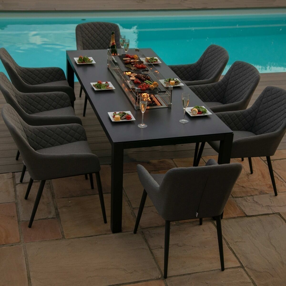 Maze - Outdoor Fabric Zest 8 Seat Rectangular Dining Set with Fire Pit Table - Flanelle product image