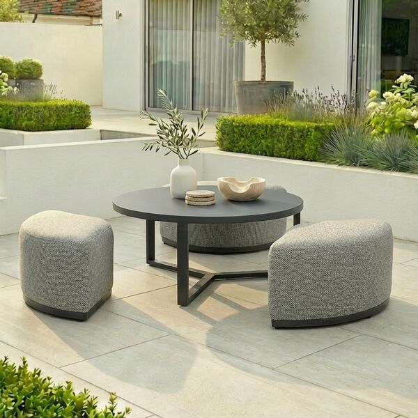 Maze Round Coffee Table With x3 Footstools - Zinc Grey