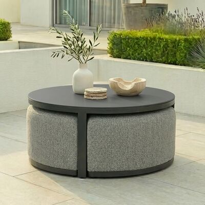 Maze Round Coffee Table With x3 Footstools - Zinc Grey