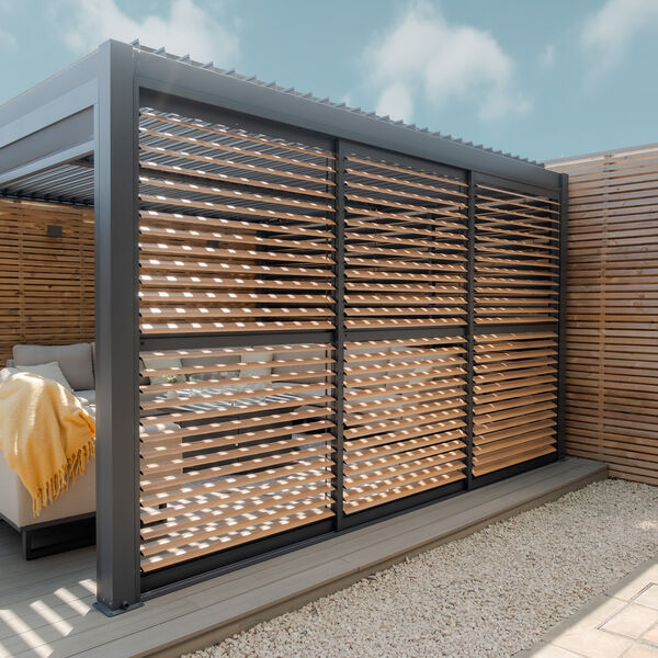 Maze - Como Pergola Sliding Wood Effect Louvre Panel Door (370 x 218cm) - fits within 4m