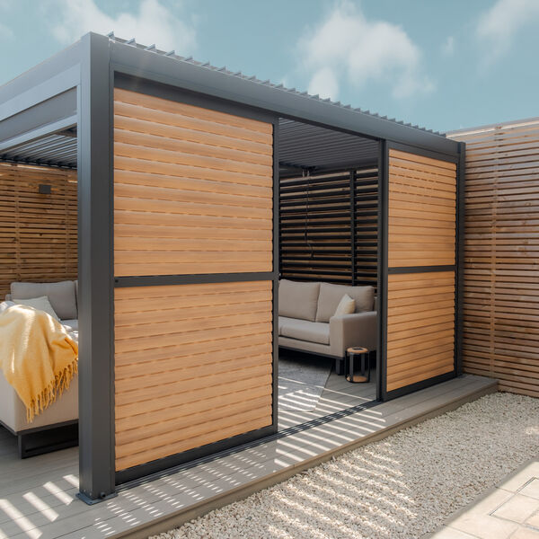 Maze - Como Pergola Sliding Wood Effect Louvre Panel Door (370 x 218cm) - fits within 4m product image