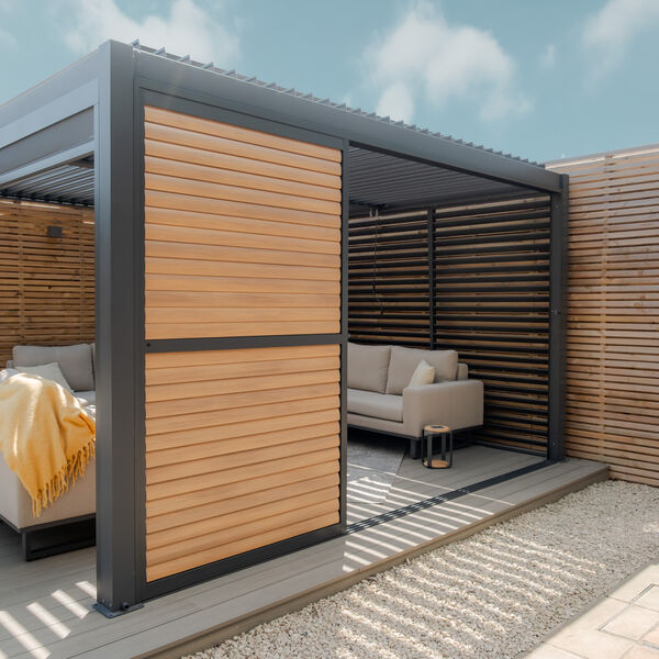 Maze - Como Pergola Sliding Wood Effect Louvre Panel Door (370 x 218cm) - fits within 4m product image