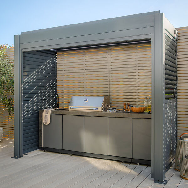 Maze - Eden Aluminium BBQ Shelter 3m x 1.4m Pergola with 2 Louvre Panels & Privacy Blind - Grey product image