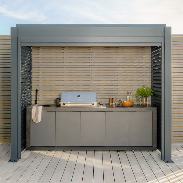 Maze - Eden Aluminium BBQ Shelter 3m x 1.4m Pergola with 2 Louvre Panels & Privacy Blind - Grey product image
