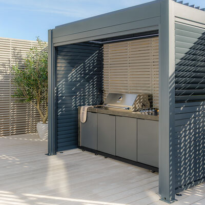 Maze - Eden Aluminium BBQ Shelter 3m x 1.4m Pergola with 2 Louvre Panels & Privacy Blind - Grey product image