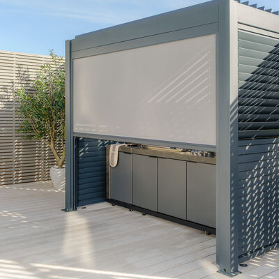 Maze - Eden Aluminium BBQ Shelter 3m x 1.4m Pergola with 2 Louvre Panels & Privacy Blind - Grey product image