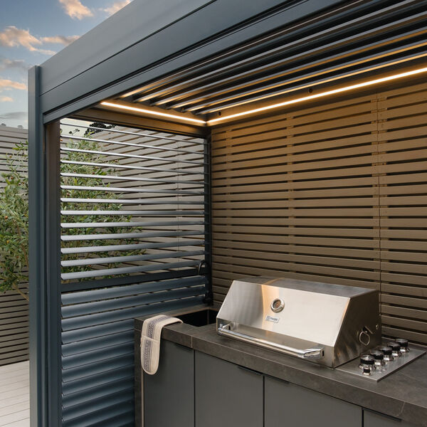 Maze - Eden Aluminium BBQ Shelter 3m x 1.4m Pergola with 2 Louvre Panels & Privacy Blind - Grey product image