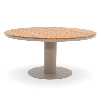 Sicily 6 Seat Round Table and Sicily Dining Chair with Teak Arms - Latte Frame/Latte Cushions