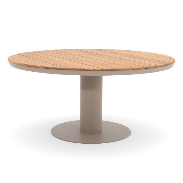 Sicily 6 Seat Round Table and Sicily Dining Chair with Teak Arms - Latte Frame/Latte Cushions