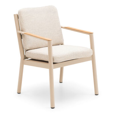Sicily 6 Seat Round Table and Sicily Dining Chair with Teak Arms - Latte Frame/Latte Cushions