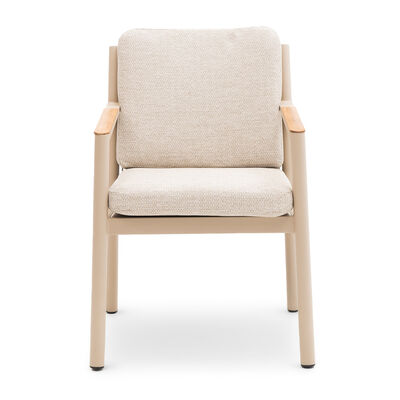 Sicily 6 Seat Round Table and Sicily Dining Chair with Teak Arms - Latte Frame/Latte Cushions