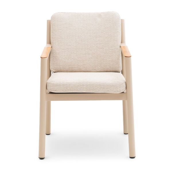 Sicily 6 Seat Round Table and Sicily Dining Chair with Teak Arms - Latte Frame/Latte Cushions