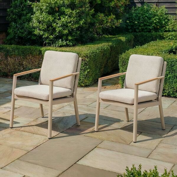 Sicily Dining Chair with Teak Arms x 2 - Latte Frame/Latte Cushions