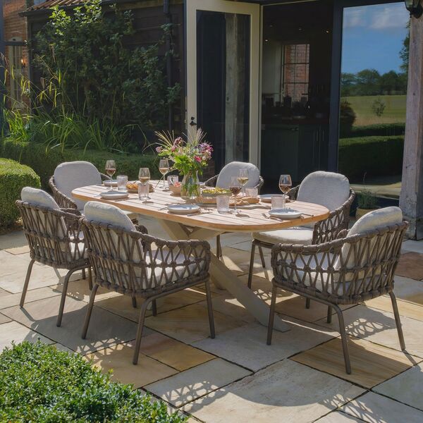 Sicily 6 Seat Rectangular Table with Rope Chairs - Cafe Frame-Latte Cushions