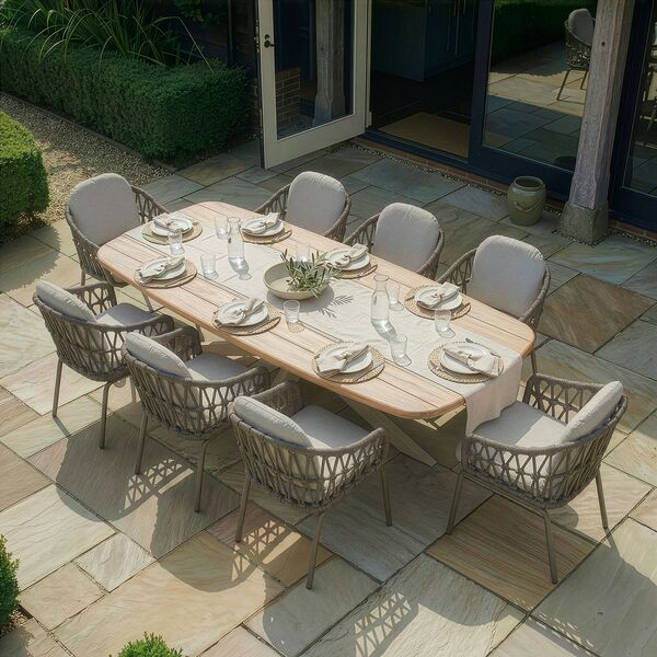 Sicily 8 Seat Rectangular Table with Rope Chairs - Cafe Frame-Latte Cushions