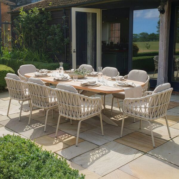 Sicily 8 Seat Rectangular Table with Rope Chairs - Latte Frame/Latte Cushions