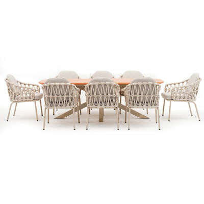 Sicily 8 Seat Rectangular Table with Rope Chairs - Latte Frame/Latte Cushions