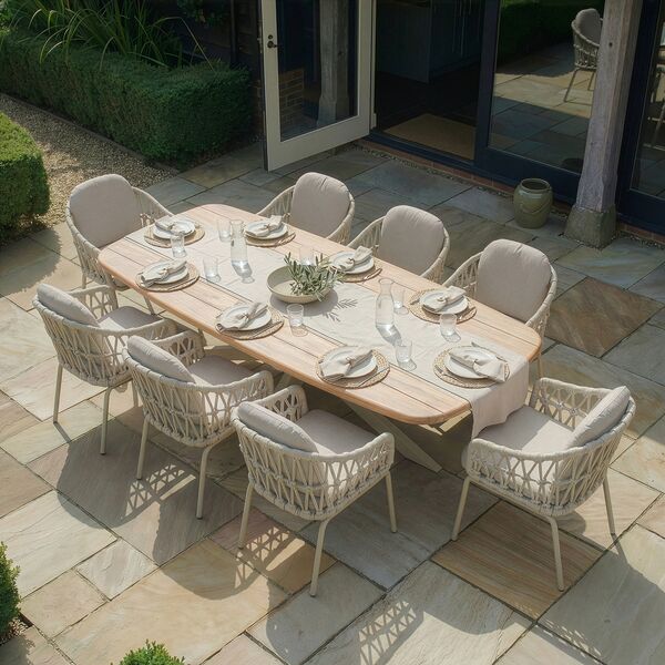 Sicily 8 Seat Rectangular Table with Rope Chairs - Latte Frame/Latte Cushions
