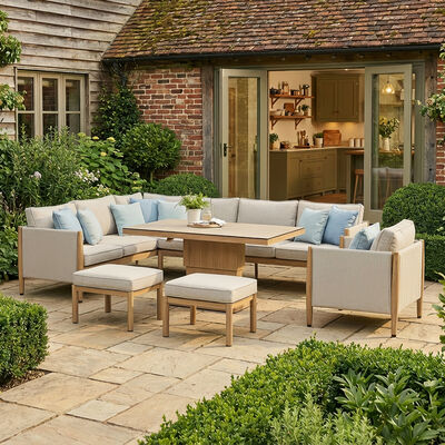 Burford Large Corner Sofa Set with Rising Table and Armchair with SeasonSure Cushions - Almond