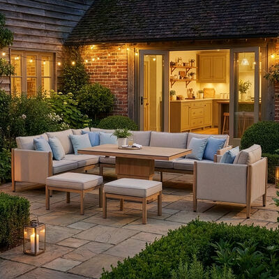 Burford Large Corner Sofa Set with Rising Table and Armchair with SeasonSure Cushions - Almond