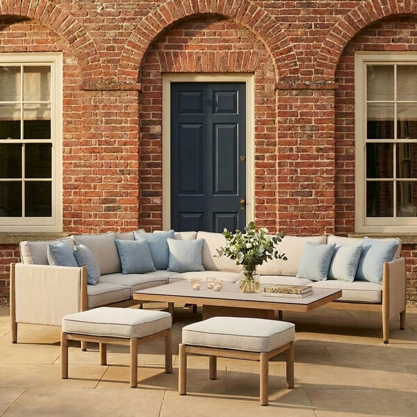 Burford Large Corner Sofa Set with Rising Table and SeasonSure Cushions - Almond
