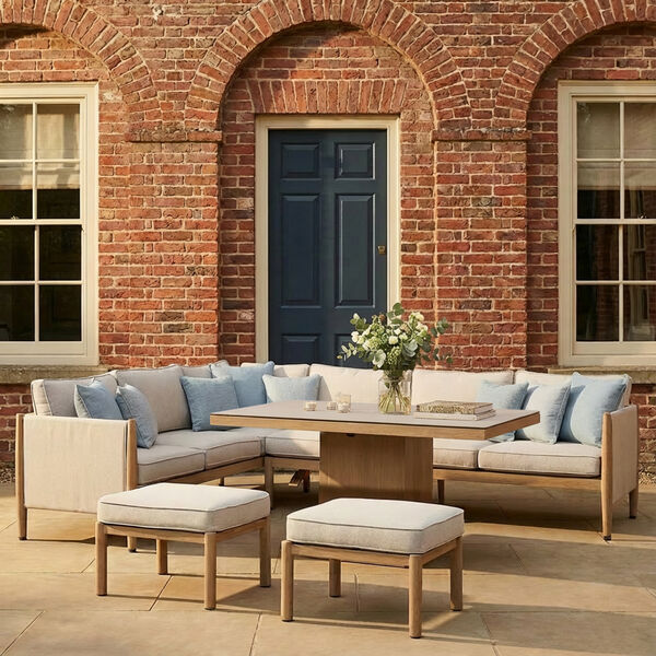 Burford Large Corner Sofa Set with Rising Table and SeasonSure Cushions - Almond