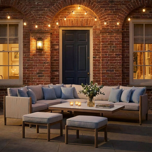 Burford Large Corner Sofa Set with Rising Table and SeasonSure Cushions - Almond
