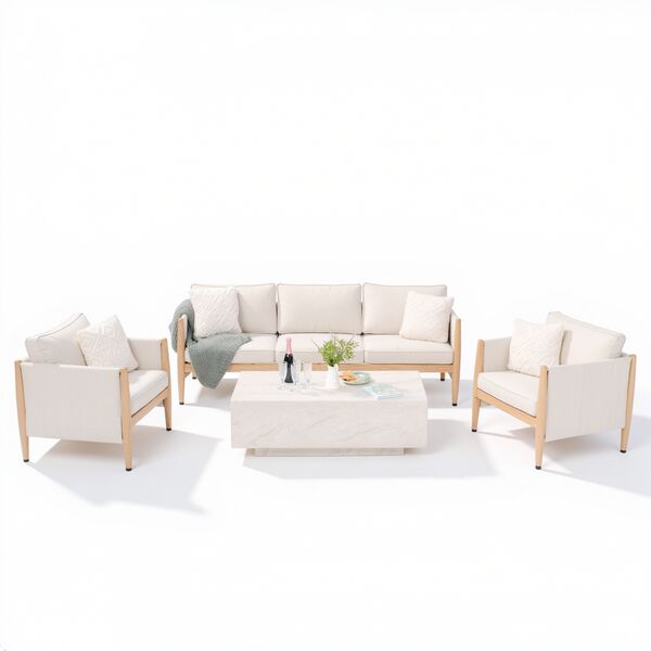 Burford 3 Seat Sofa Set with  Rectangular Sintered Stone Table - Almond