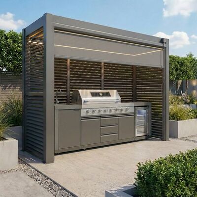 Como Free Standing BBQ Shelter with LED Lights - with Back Panel Side Louvre annd Blind- Grey