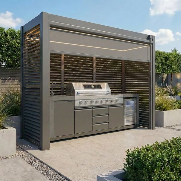 Como Free Standing BBQ Shelter with LED Lights - with Back Panel Side Louvre annd Blind- Grey