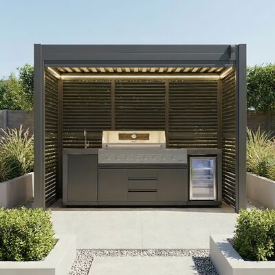 Como Free Standing BBQ Shelter with LED Lights - with Back Panel Side Louvre annd Blind- Grey