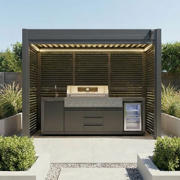 Como Free Standing BBQ Shelter with LED Lights - with Back Panel Side Louvre annd Blind- Grey