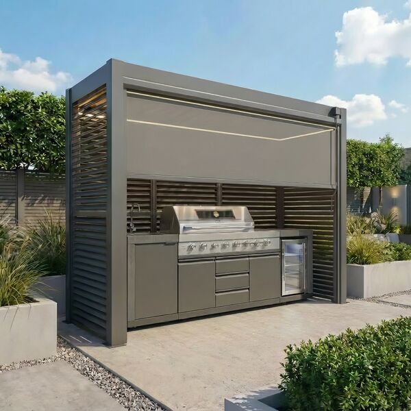 Como Free Standing BBQ Shelter with LED Lights - with Back Panel Side Louvre annd Blind- Grey
