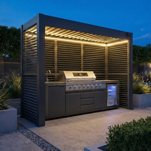 Como Free Standing BBQ Shelter with LED Lights - with Back Panel Side Louvre annd Blind- Grey