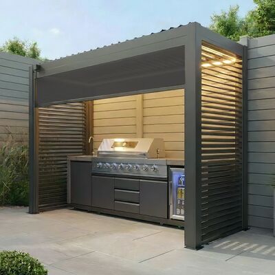 Como Free Standing BBQ Shelter with LED Lights - Side Louvre and Blind - Grey