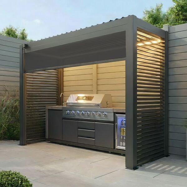Como Free Standing BBQ Shelter with LED Lights - Side Louvre and Blind - Grey