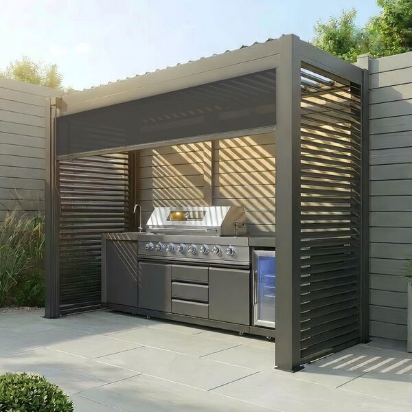 Como Free Standing BBQ Shelter with LED Lights - Side Louvre and Blind - Grey