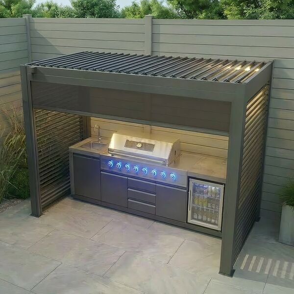 Como Free Standing BBQ Shelter with LED Lights - Side Louvre and Blind - Grey