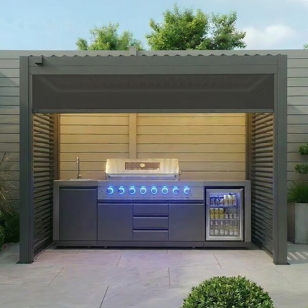 Como Free Standing BBQ Shelter with LED Lights - Side Louvre and Blind - Grey