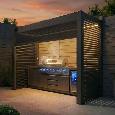 Como Free Standing BBQ Shelter with LED Lights - Side Louvre and Blind - Grey