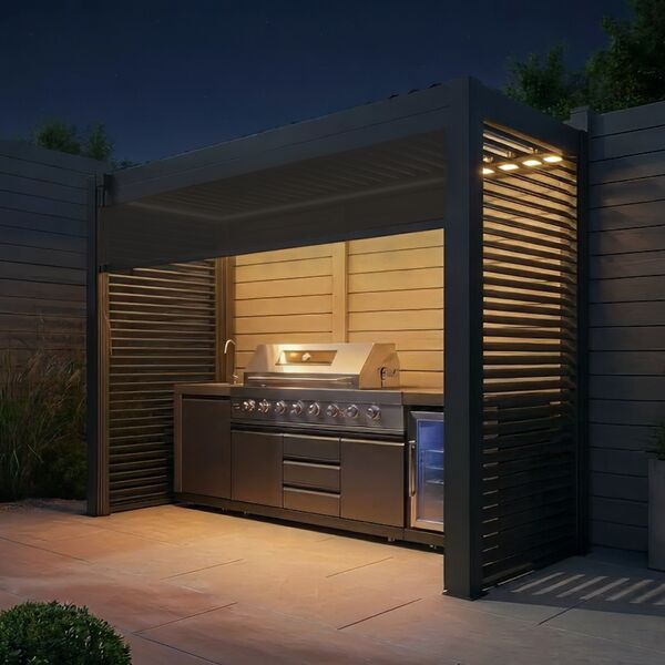 Como Free Standing BBQ Shelter with LED Lights - Side Louvre and Blind - Grey