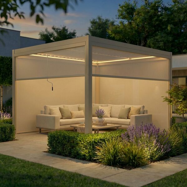 Como Pergola Drop Screen 370x218 / Textilene Latte / Zip Blind