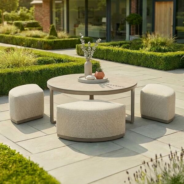 Maze Round Coffee Table With x3 Footstools - Latte