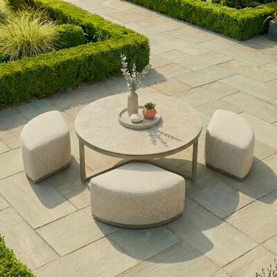 Maze Round Coffee Table With x3 Footstools - Latte